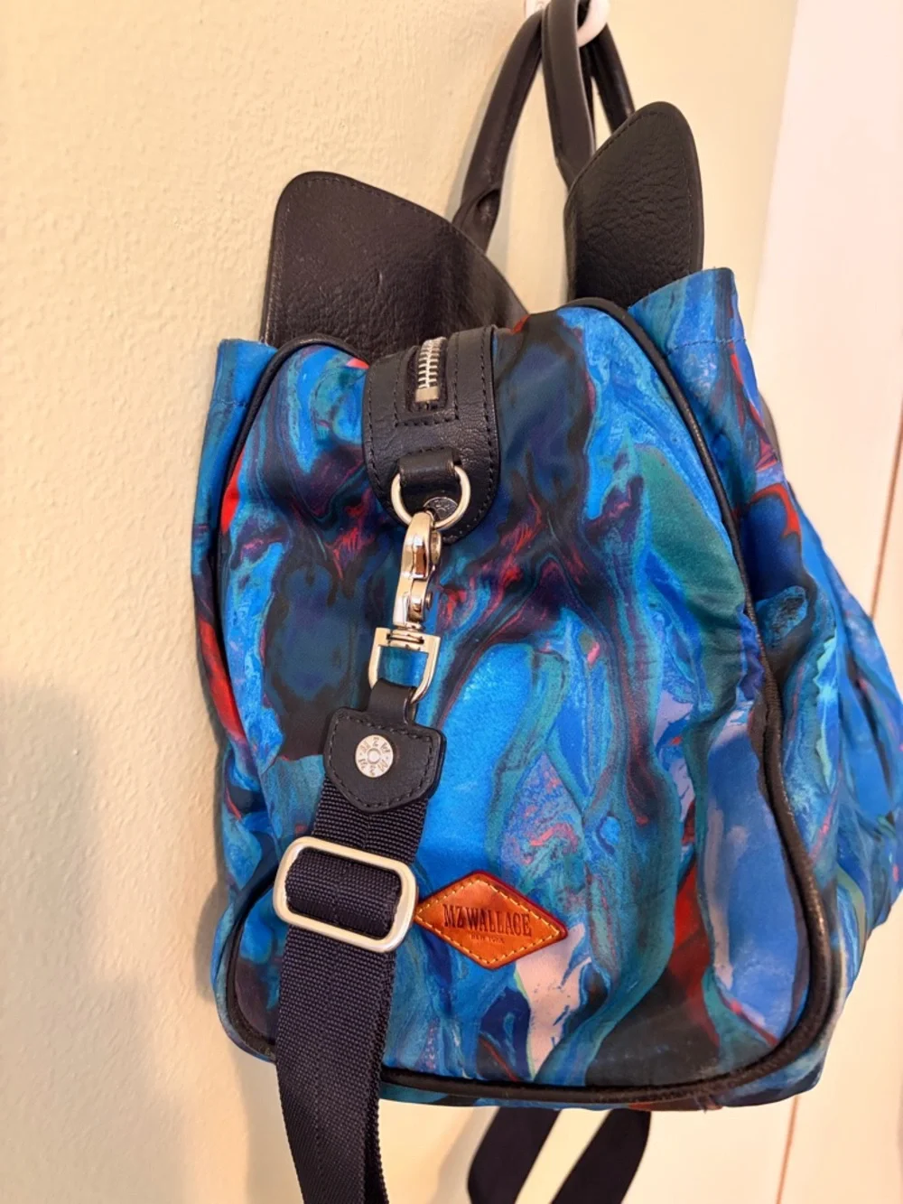 MZ Wallace Blue Multicolor Abstract Tote with Navy Blue Leather Trim - Picture 5 of 8